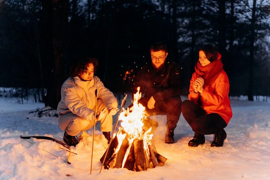 Grupo à volta da fogueira na neve