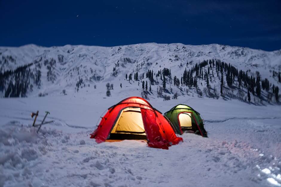 Winter camping under stars